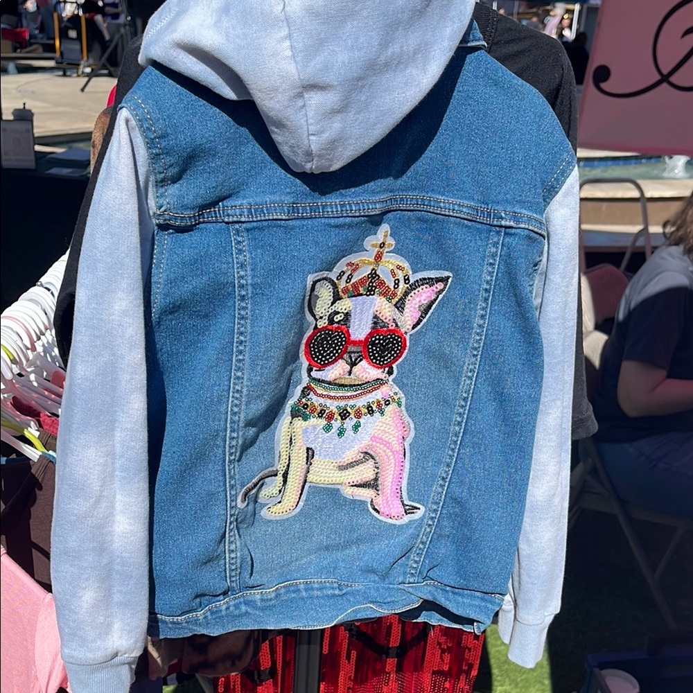 Wallflower Blue Jean Jacket with Colorful frenchie Design and Sleeveless Style